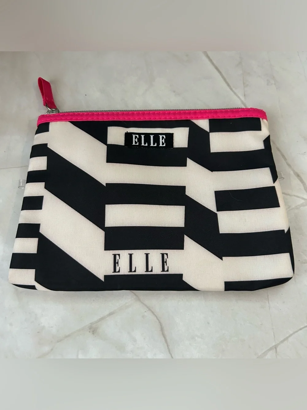 Elle Black and White Geometric Cosmetic Pouch with Pink Zipper